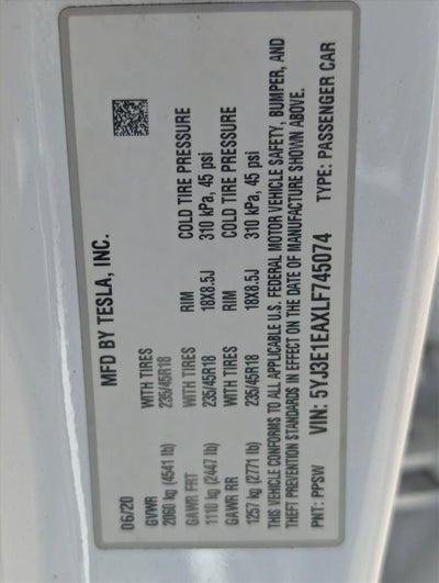 2020 Tesla Model 3 Standard Range Plus