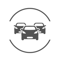 A circler icon with three cars, one in front, two in the back